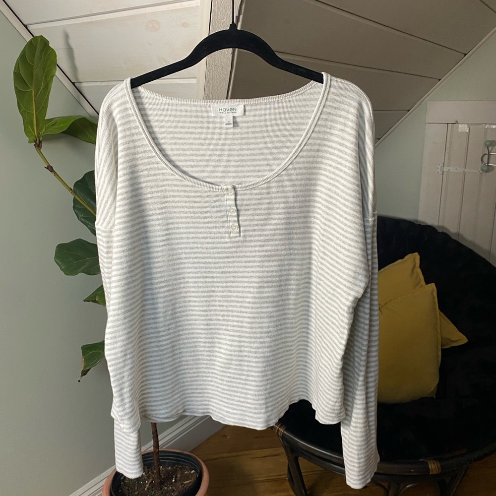 HAVEN WELL WITHIN XL TALBOTS Rib Knit Cotton Henley Top Striped - Picture 8 of 9